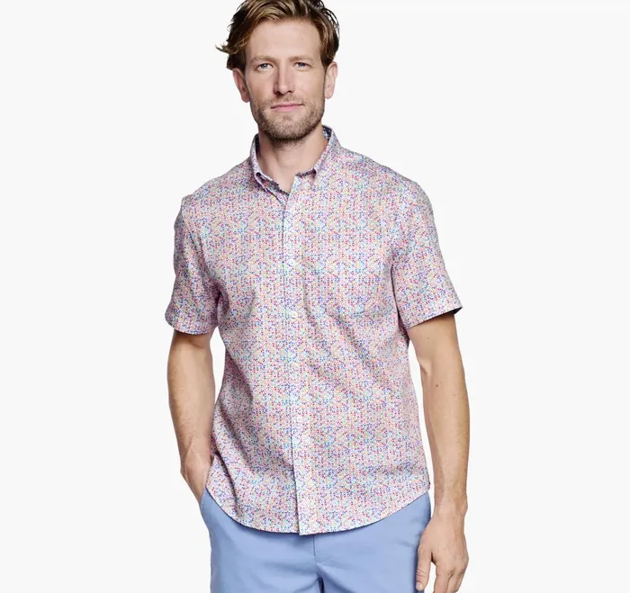 Johnston and Murphy Textured Cotton ShortSleeve Shirt White Multi Geo Petal Men ShortSleeve Shirts Johnston and Murphy Textured Cotton ShortSleeve Shirt White Multi Geo Petal Men ShortSleeve Shirts