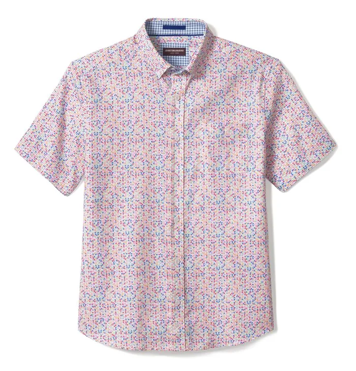 Johnston and Murphy Textured Cotton ShortSleeve Shirt White Multi Geo Petal Men ShortSleeve Shirts