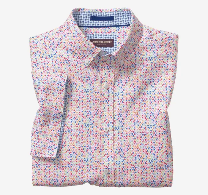 Johnston and Murphy Textured Cotton ShortSleeve Shirt White Multi Geo Petal Men ShortSleeve Shirts