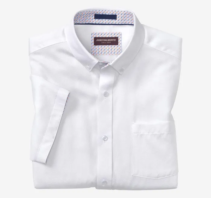 Johnston and Murphy Textured Cotton ShortSleeve Shirt White Solid Men ShortSleeve Shirts