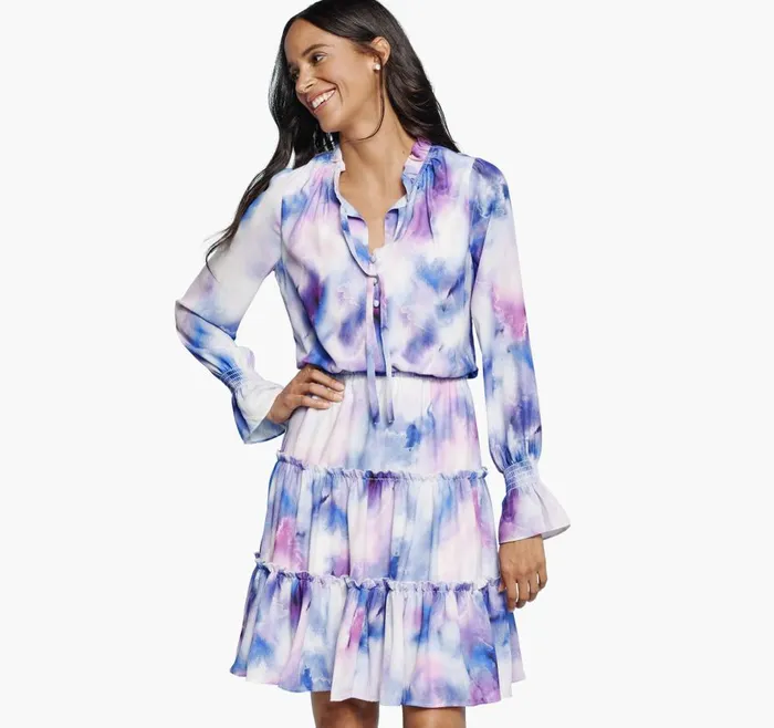 Johnston and Murphy Tiered Printed Dress Purple Watercolor Women Dresses and Jumpsuits Johnston and Murphy Tiered Printed Dress Purple Watercolor Women Dresses and Jumpsuits