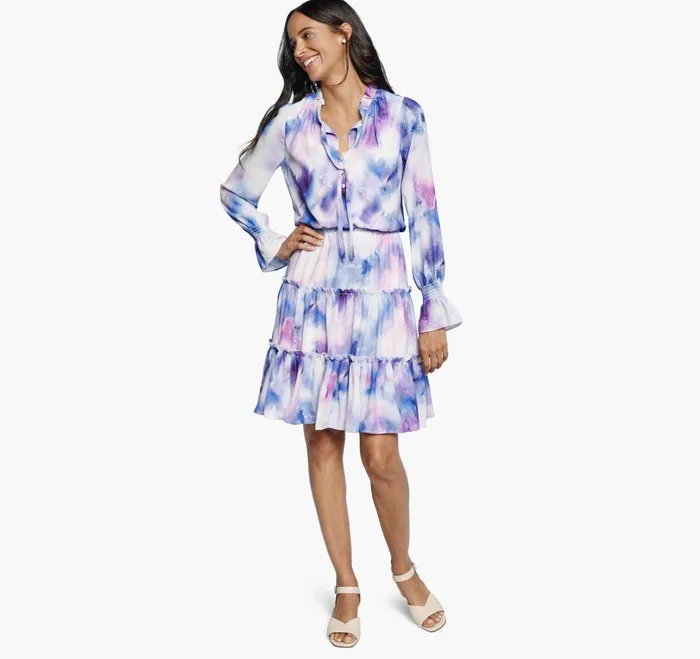 Johnston and Murphy Tiered Printed Dress Purple Watercolor Women Dresses and Jumpsuits
