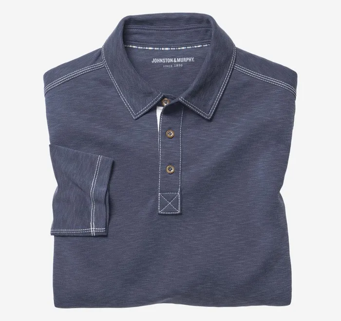 Johnston and Murphy Vintage Slub LongSleeve Polo Navy Men Polos and Tees