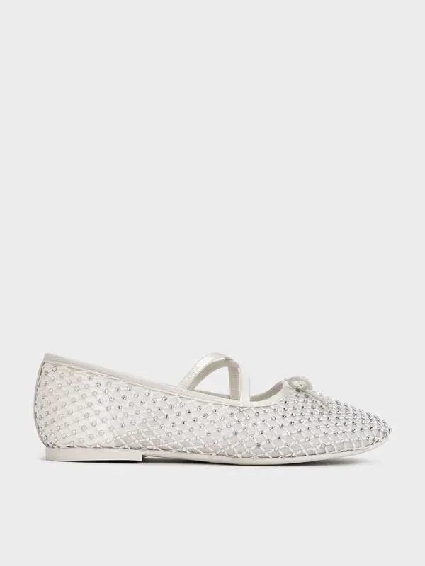 Kids Girls039 Mesh CrystalEmbellished CrossoverStrap Ballet Flats 8211 White CHARLES and KEITH Shoes Kids Girls039 Mesh CrystalEmbellished CrossoverStrap Ballet Flats 8211 White CHARLES and KEITH Shoes