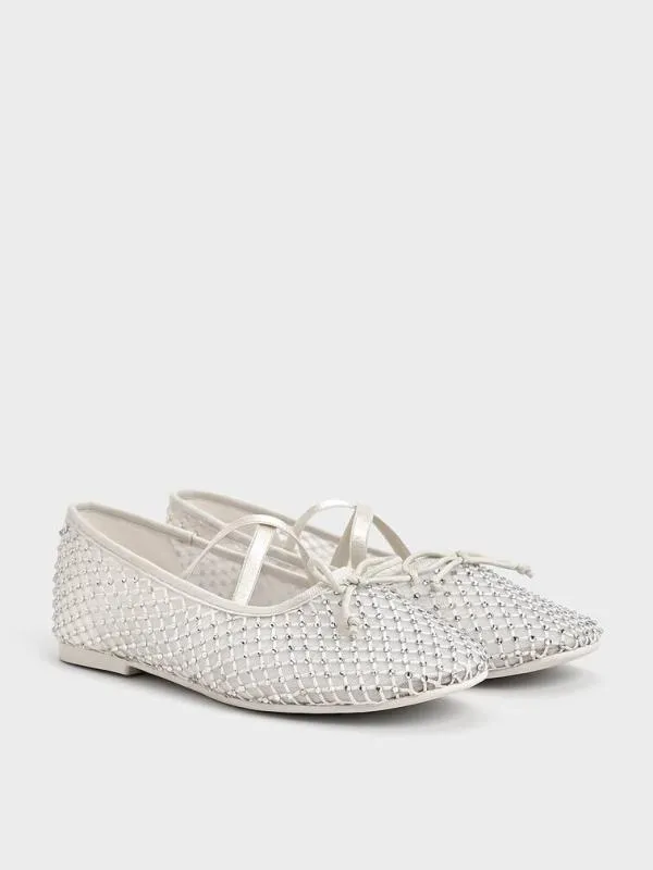 Kids Girls039 Mesh CrystalEmbellished CrossoverStrap Ballet Flats 8211 White CHARLES and KEITH Shoes
