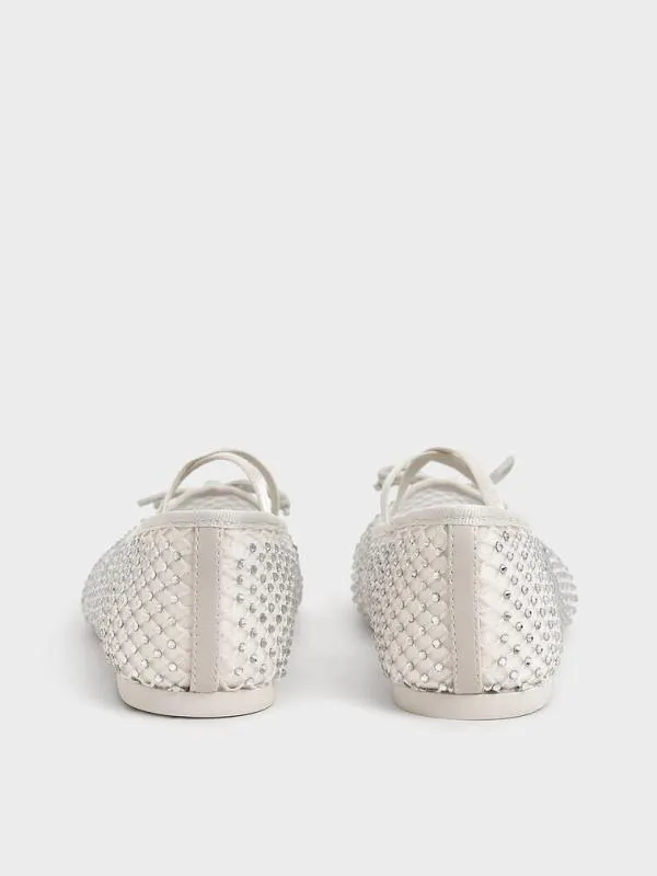 Kids Girls039 Mesh CrystalEmbellished CrossoverStrap Ballet Flats 8211 White CHARLES and KEITH Shoes