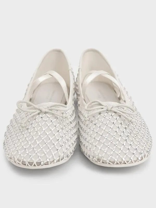 Kids Girls039 Mesh CrystalEmbellished CrossoverStrap Ballet Flats 8211 White CHARLES and KEITH Shoes