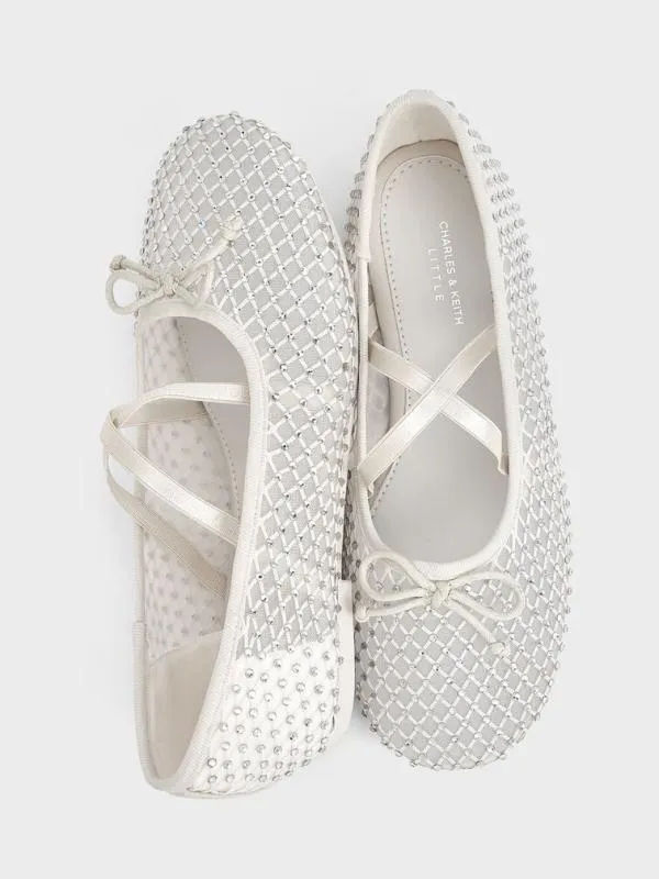 Kids Girls039 Mesh CrystalEmbellished CrossoverStrap Ballet Flats 8211 White CHARLES and KEITH Shoes