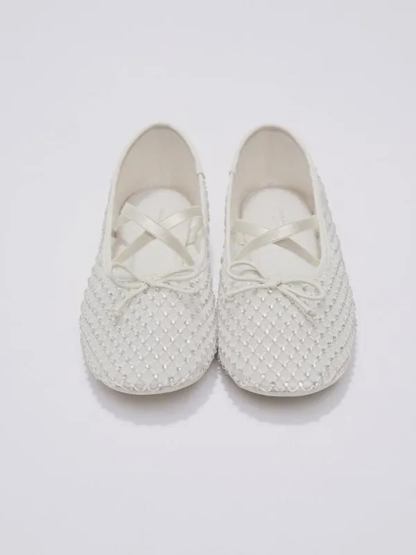 Kids Girls039 Mesh CrystalEmbellished CrossoverStrap Ballet Flats 8211 White CHARLES and KEITH Shoes