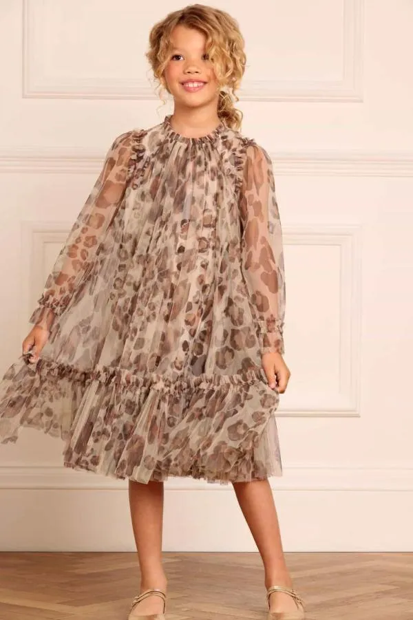 KIDS Needle and Thread Leopard Long Sleeve Kids Dress Multi