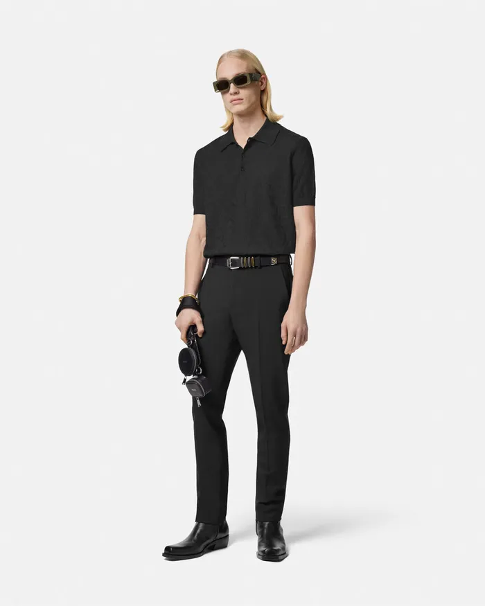 Knitwear Men Versace Barocco Knit Polo Shirt Black