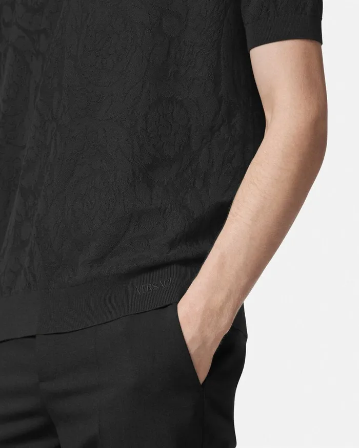 Knitwear Men Versace Barocco Knit Polo Shirt Black