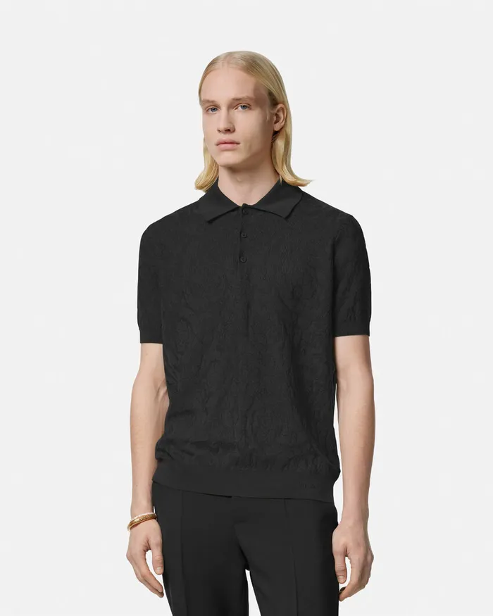 Knitwear Men Versace Barocco Knit Polo Shirt Black