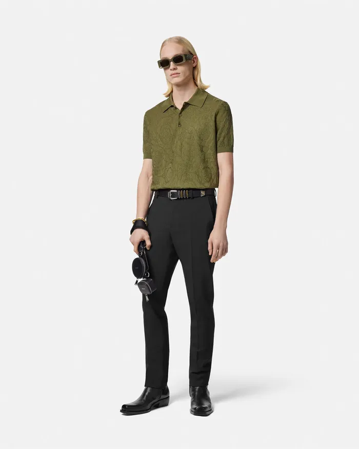 Knitwear Men Versace Barocco Knit Polo Shirt Green