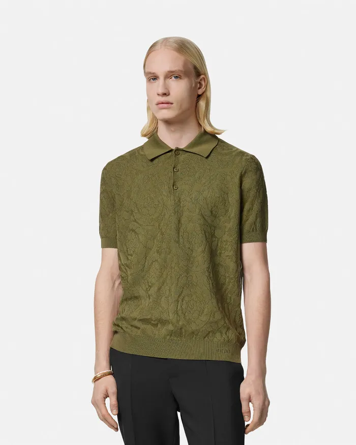 Knitwear Men Versace Barocco Knit Polo Shirt Green