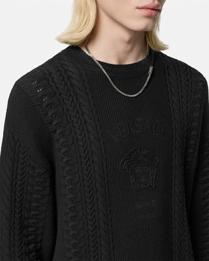 Knitwear Men Versace Medusa Milano CableKnit Sweater Black
