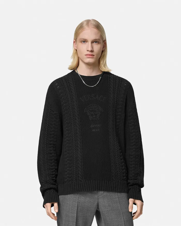 Knitwear Men Versace Medusa Milano CableKnit Sweater Black