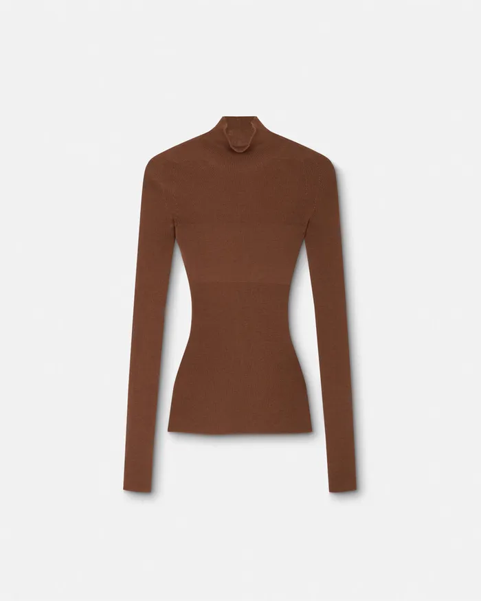 Knitwear Women Versace Merino Wool Fitted Ribbed Knit Top Brown