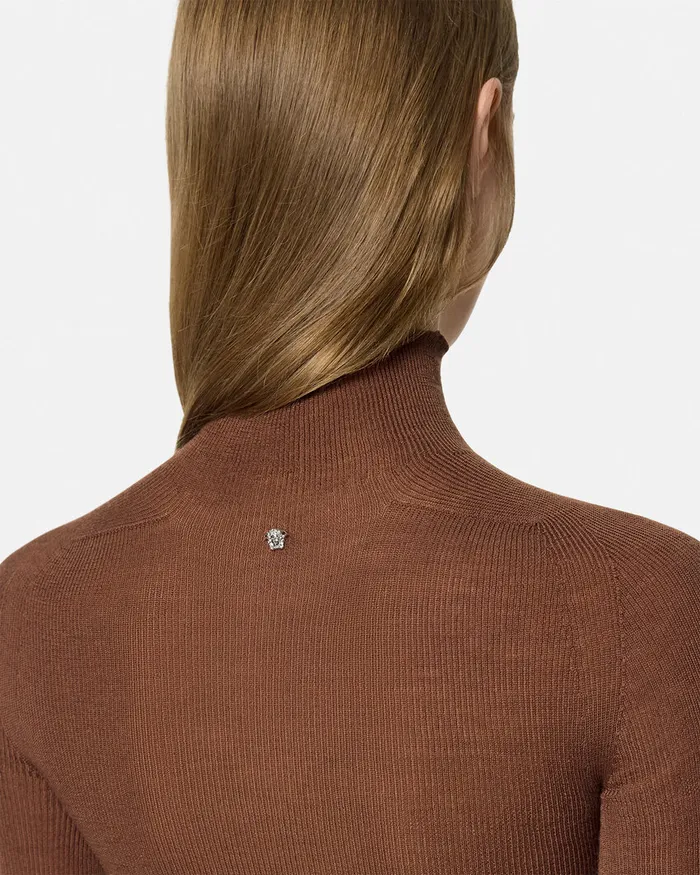Knitwear Women Versace Merino Wool Fitted Ribbed Knit Top Brown