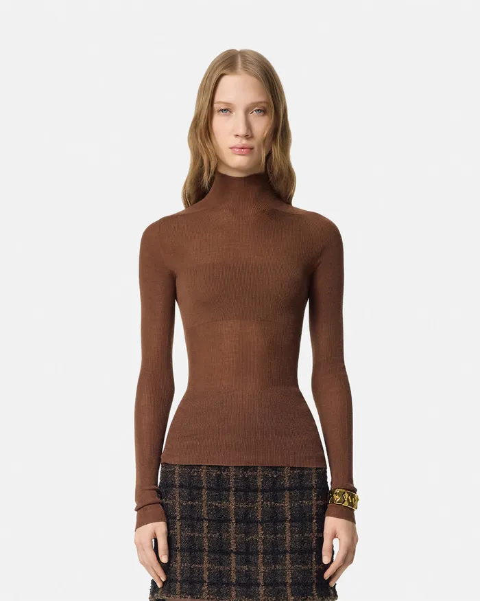 Knitwear Women Versace Merino Wool Fitted Ribbed Knit Top Brown