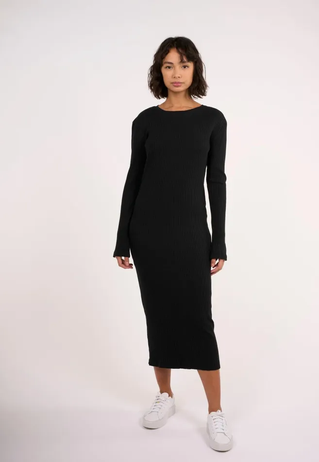 KnowledgeCotton Apparel Dresses And Skirts Rib Crew Neck Lenzing Slit Dress Black Jet 8211 Women KnowledgeCotton Apparel Dresses And Skirts Rib Crew Neck Lenzing Slit Dress Black Jet 8211 Women