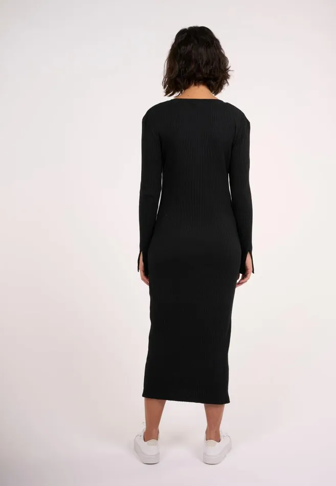 KnowledgeCotton Apparel Dresses And Skirts Rib Crew Neck Lenzing Slit Dress Black Jet 8211 Women KnowledgeCotton Apparel Dresses And Skirts Rib Crew Neck Lenzing Slit Dress Black Jet 8211 Women
