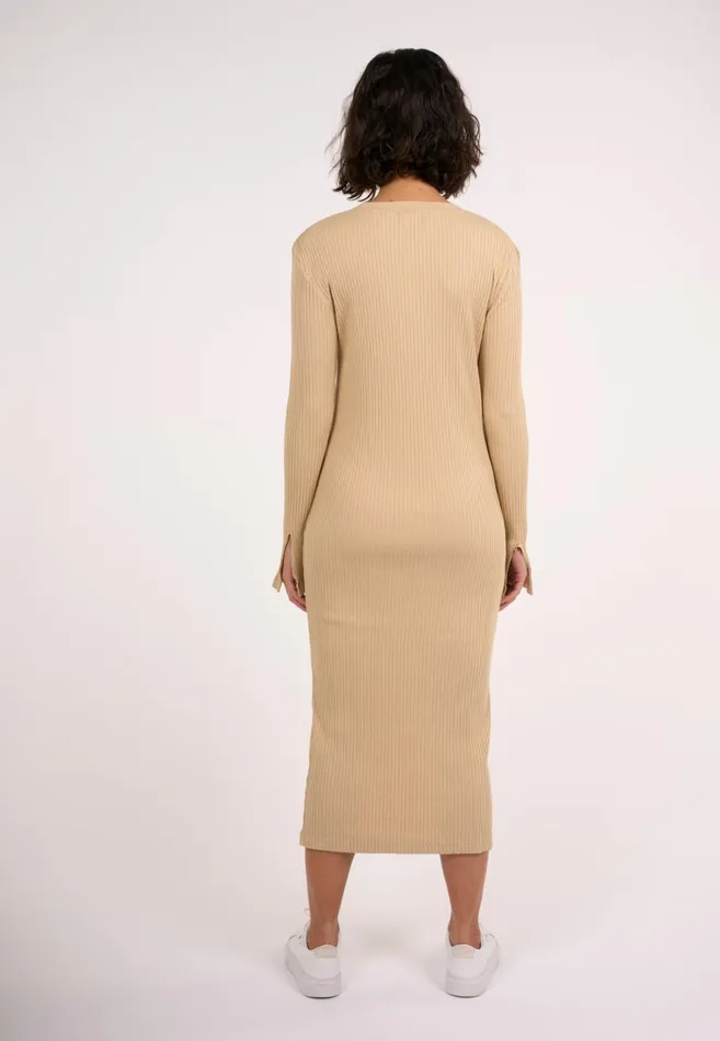 KnowledgeCotton Apparel Dresses And Skirts Rib Crew Neck Lenzing Slit Dress Safari 8211 Women KnowledgeCotton Apparel Dresses And Skirts Rib Crew Neck Lenzing Slit Dress Safari 8211 Women