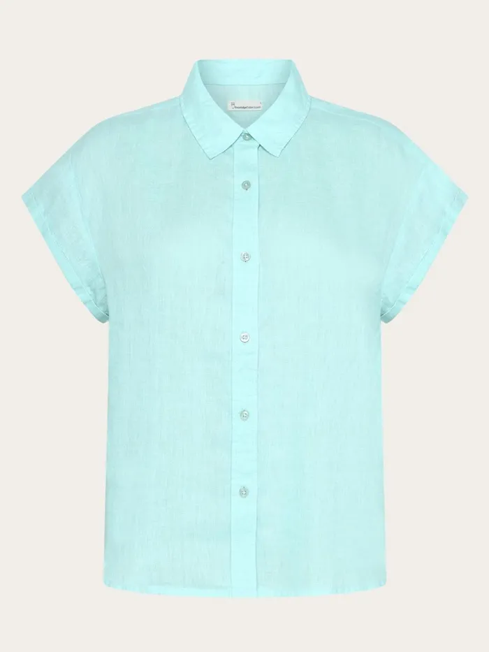 KnowledgeCotton Apparel Shirts ASTER Fold Up Short Sleeve Linen Shirt Aquaesque 8211 Women KnowledgeCotton Apparel Shirts ASTER Fold Up Short Sleeve Linen Shirt Aquaesque 8211 Women