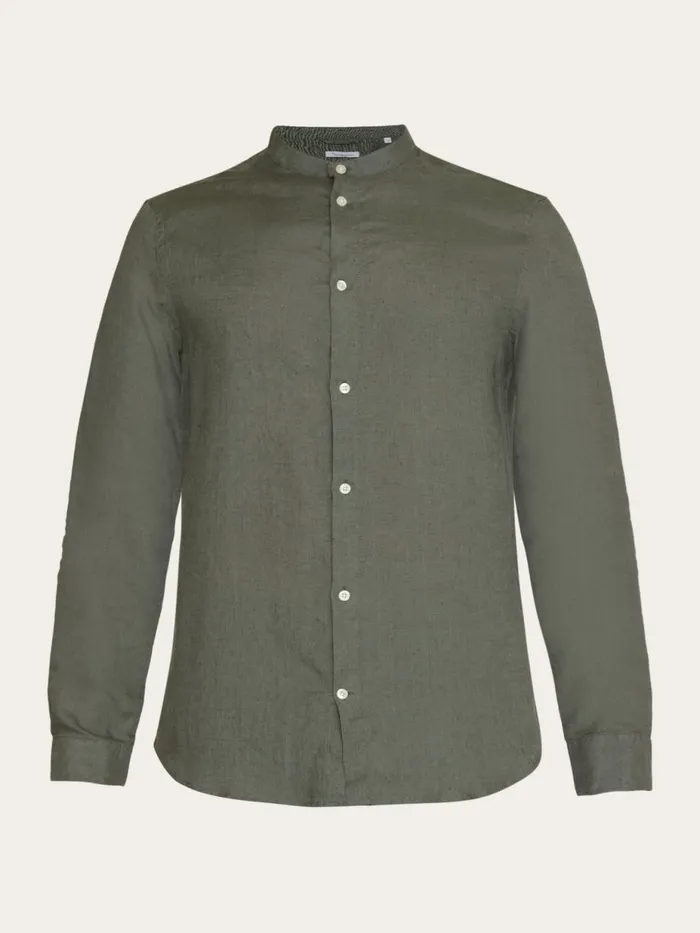 KnowledgeCotton Apparel Shirts Custom Fit Linen Stand Collar Shirt Burned Olive 8211 Men KnowledgeCotton Apparel Shirts Custom Fit Linen Stand Collar Shirt Burned Olive 8211 Men