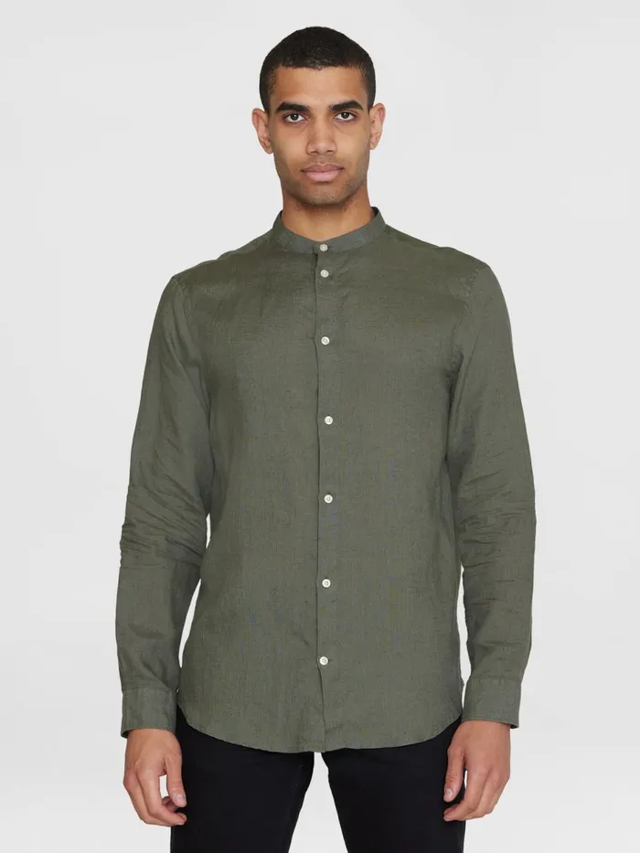 KnowledgeCotton Apparel Shirts Custom Fit Linen Stand Collar Shirt Burned Olive 8211 Men KnowledgeCotton Apparel Shirts Custom Fit Linen Stand Collar Shirt Burned Olive 8211 Men