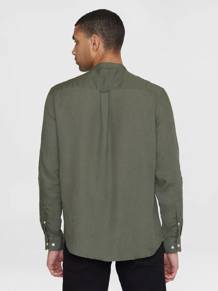 KnowledgeCotton Apparel Shirts Custom Fit Linen Stand Collar Shirt Burned Olive 8211 Men KnowledgeCotton Apparel Shirts Custom Fit Linen Stand Collar Shirt Burned Olive 8211 Men