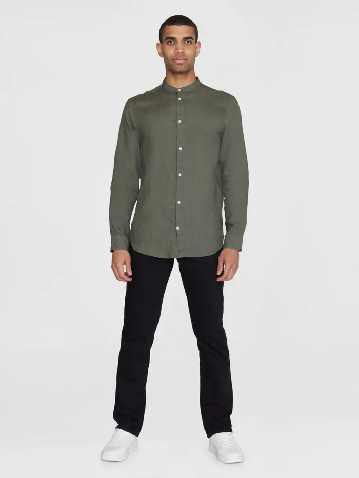 KnowledgeCotton Apparel Shirts Custom Fit Linen Stand Collar Shirt Burned Olive 8211 Men KnowledgeCotton Apparel Shirts Custom Fit Linen Stand Collar Shirt Burned Olive 8211 Men
