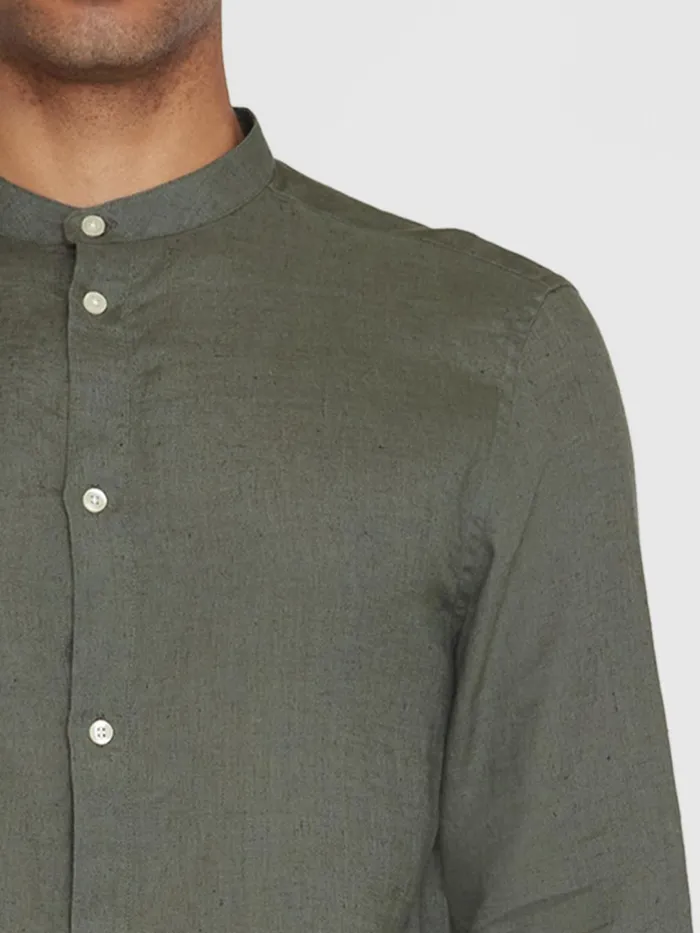 KnowledgeCotton Apparel Shirts Custom Fit Linen Stand Collar Shirt Burned Olive 8211 Men KnowledgeCotton Apparel Shirts Custom Fit Linen Stand Collar Shirt Burned Olive 8211 Men