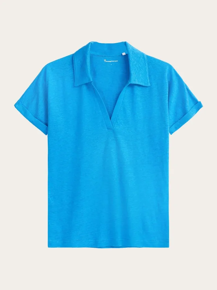 KnowledgeCotton Apparel TShirts And Tops Organic Linen Polo GOTSVegan Malibu Blue 8211 Women