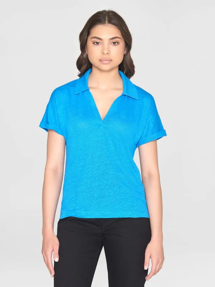 KnowledgeCotton Apparel TShirts And Tops Organic Linen Polo GOTSVegan Malibu Blue 8211 Women KnowledgeCotton Apparel TShirts And Tops Organic Linen Polo GOTSVegan Malibu Blue 8211 Women