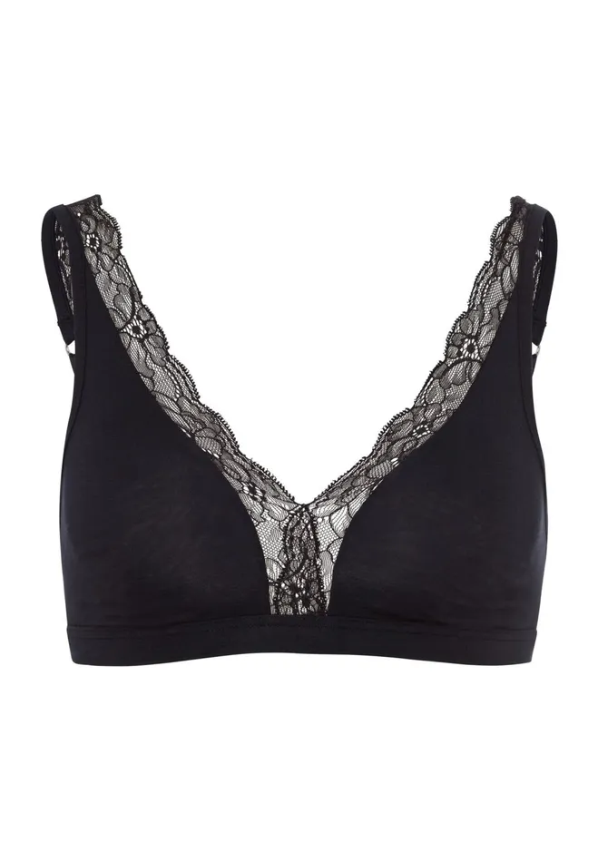 Lace Trim Soft Cup Bra Black Women HANRO Wireless Bras