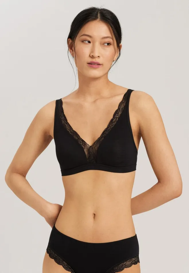 Lace Trim Soft Cup Bra Black Women HANRO Wireless Bras