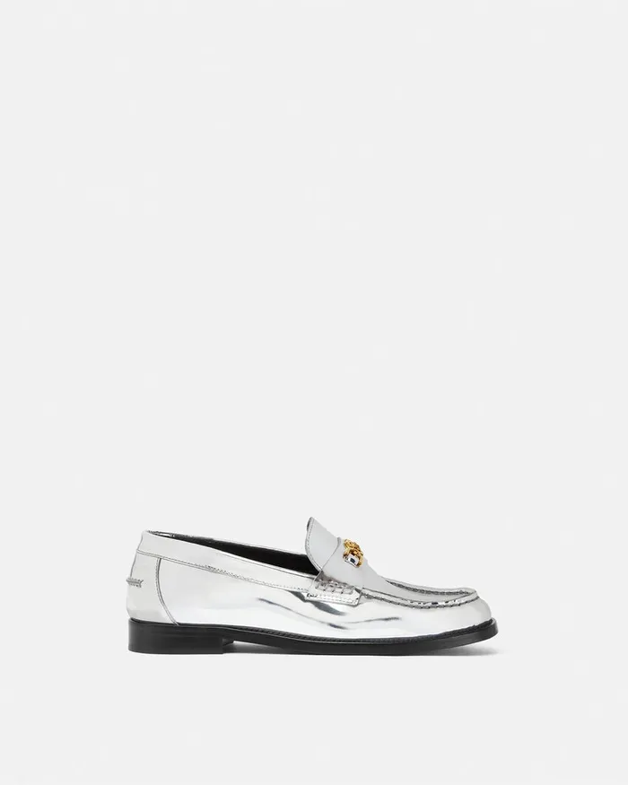 Loafers and Flats Women Versace Medusa 03995 Metallic Loafers Silver