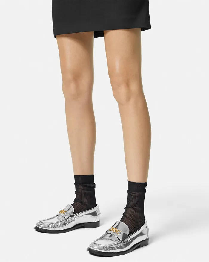 Loafers and Flats Women Versace Medusa 03995 Metallic Loafers Silver