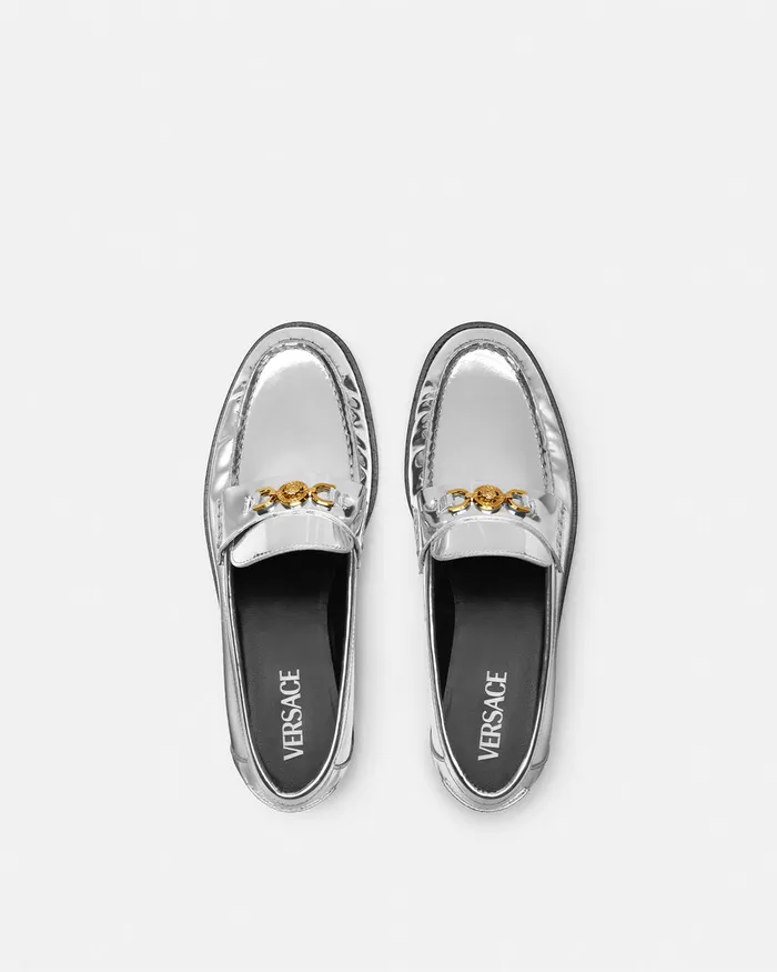 Loafers and Flats Women Versace Medusa 03995 Metallic Loafers Silver