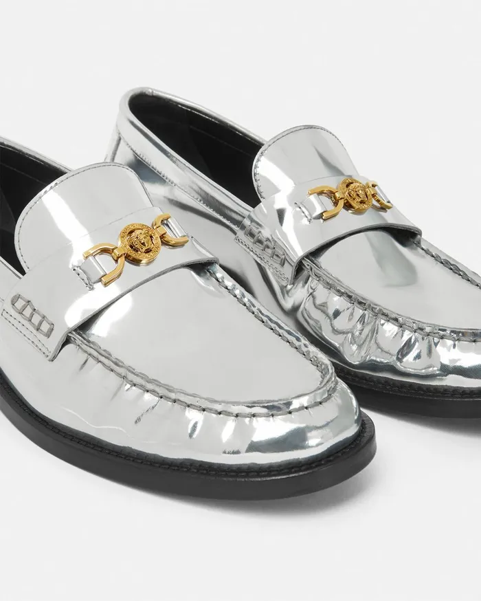 Loafers and Flats Women Versace Medusa 03995 Metallic Loafers Silver