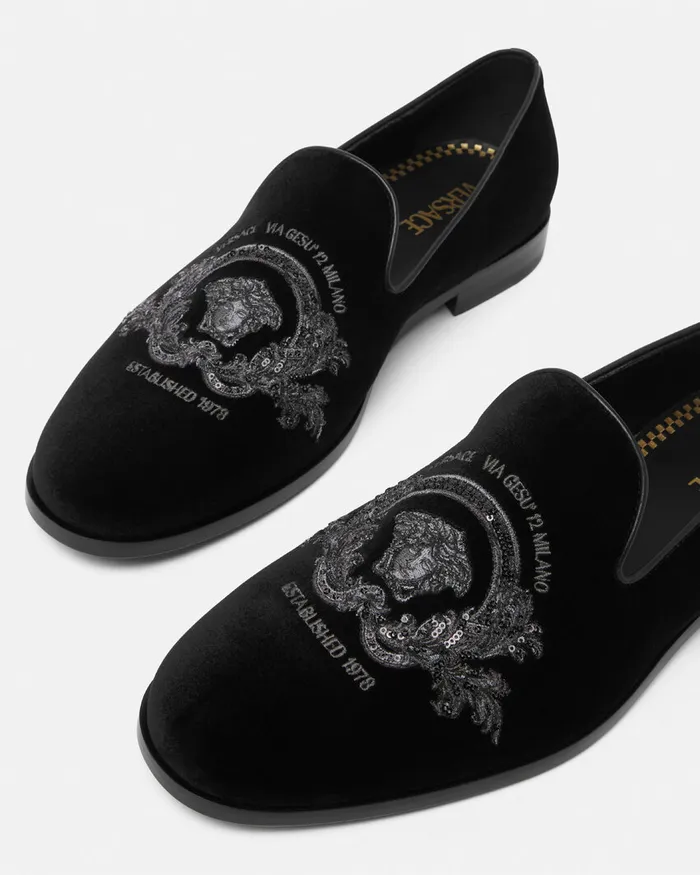 Loafers and Slippers Men Versace Medusa Milano Velvet Slippers Black