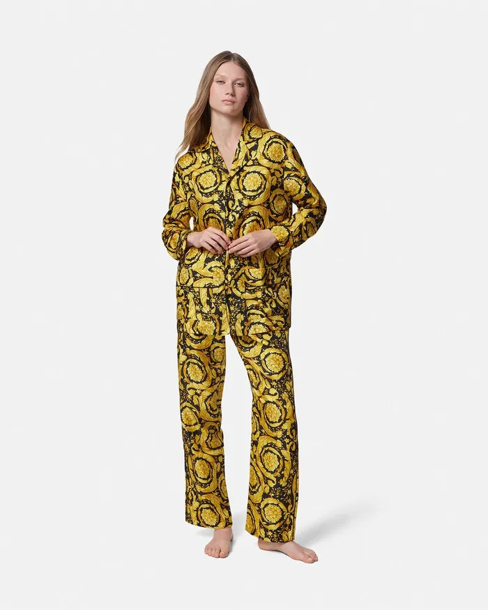 Loungewear and Pajamas Women Versace Barocco Print Silk Pajama Shirt Blackprint