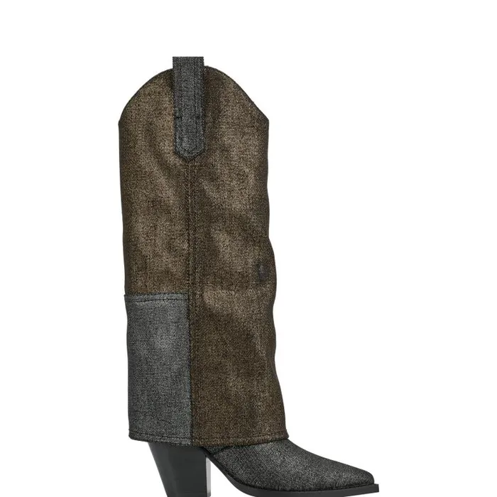 Marc Fisher Boots Women Harlo Foldover Western Boot Black Metallic Denim