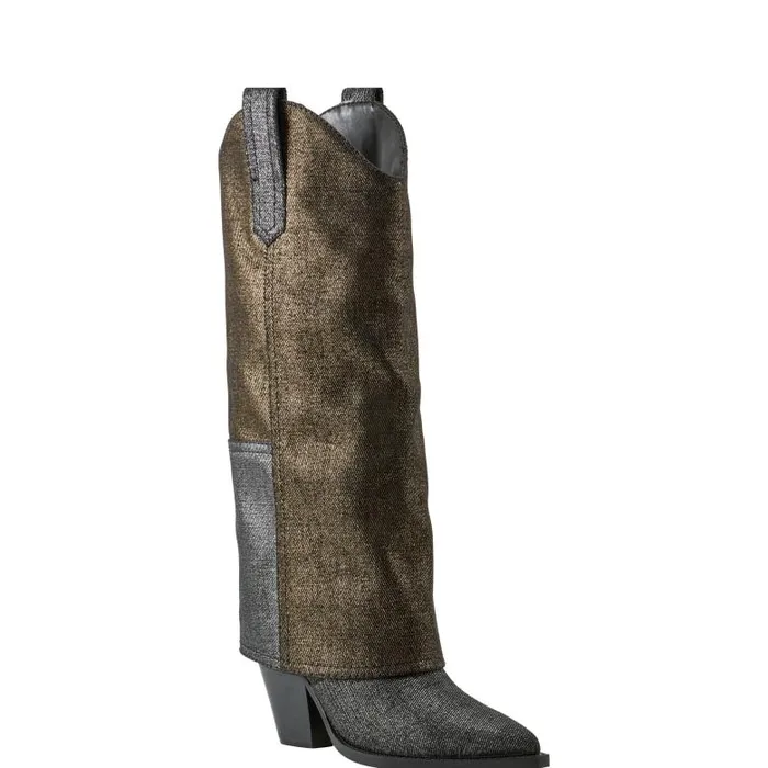 Marc Fisher Boots Women Harlo Foldover Western Boot Black Metallic Denim