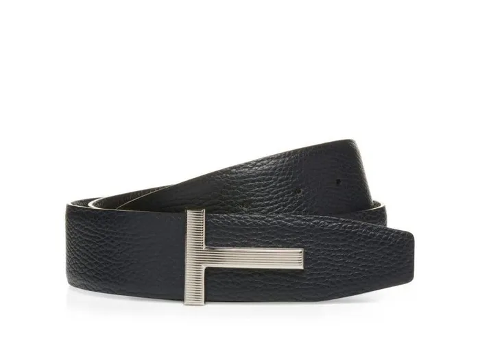Men Belts Tom Ford Leather Palladium T Ridge Belt Dark Navy Black
