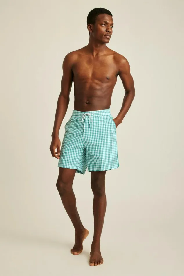 Men Boardwalk Swim Short Teal And White Gingham Bonobos Casual Shorts