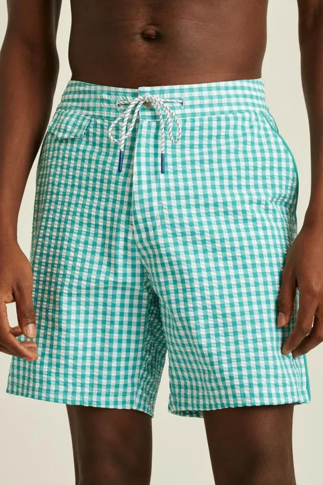 Men Boardwalk Swim Short Teal And White Gingham Bonobos Casual Shorts