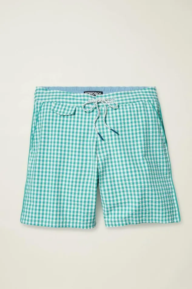 Men Boardwalk Swim Short Teal And White Gingham Bonobos Casual Shorts