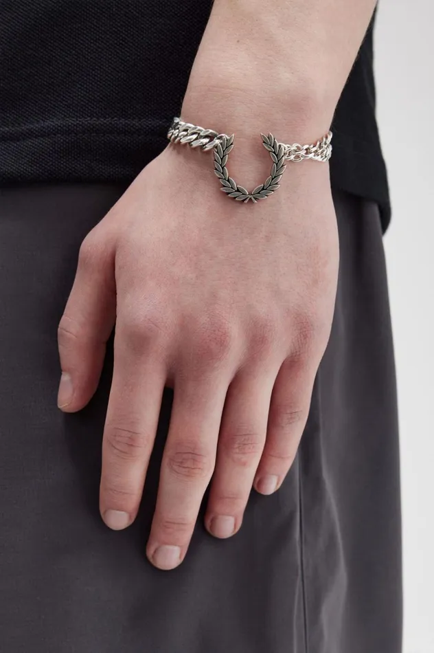 Men Chunky Laurel Wreath Bracelet Metallic Silver Fred Perry Accessories